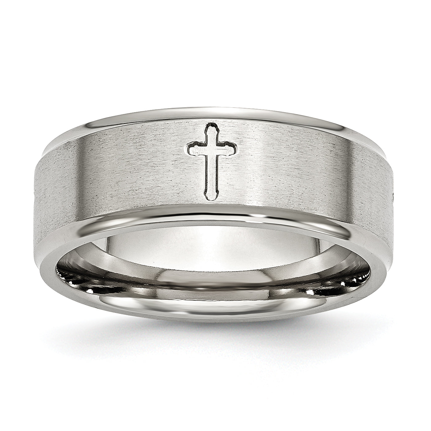 Stainless Steel Brushed and Polished Cross 8mm Ridged Edge Band Main image
