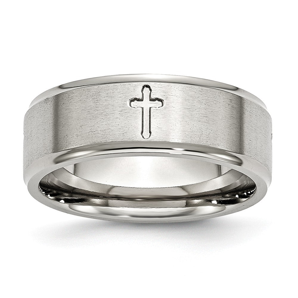 Stainless Steel Ridged Edge Cross 8mm Brushed and Polished Band