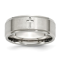 Stainless Steel Ridged Edge Cross 8mm Brushed and Polished Band