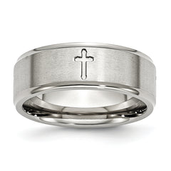 Stainless Steel Brushed and Polished Cross 8mm Ridged Edge Band