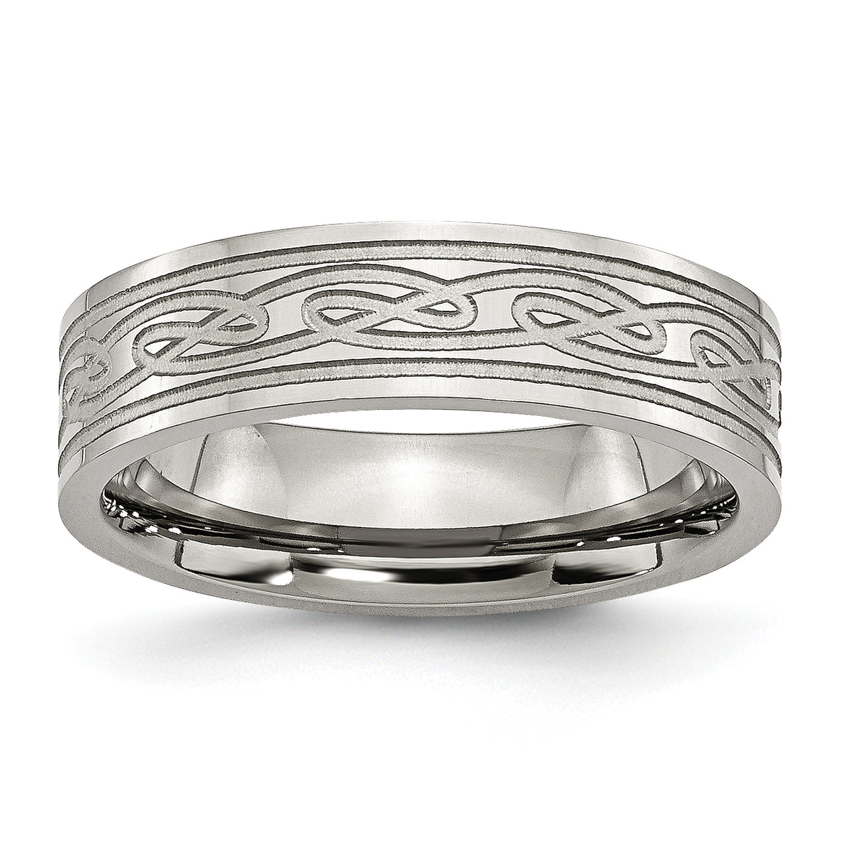 Stainless Steel Brushed Celtic Laser Etched 6mm Flat Band