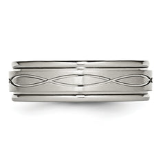 Stainless Steel Brushed and Polished Criss-cross Design 7mm Ridged Edge Band
