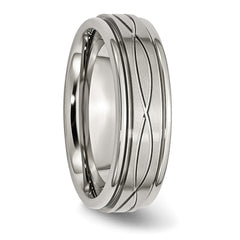 Stainless Steel Brushed and Polished Criss-cross Design 7mm Ridged Edge Band