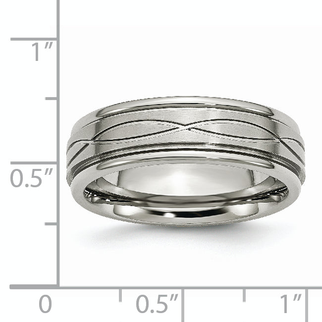 Stainless Steel Brushed and Polished Criss-cross Design 7mm Ridged Edge Band