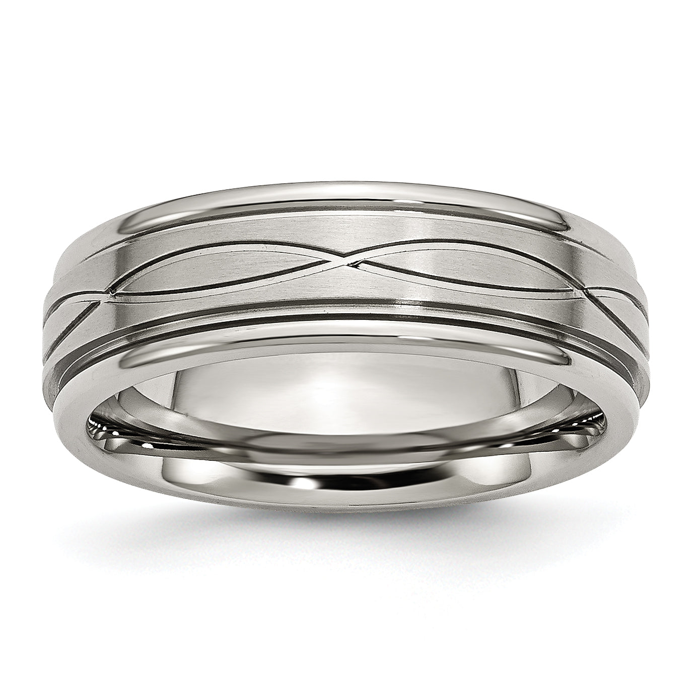 Stainless Steel Brushed and Polished Criss-cross Design 7mm Ridged Edge Band