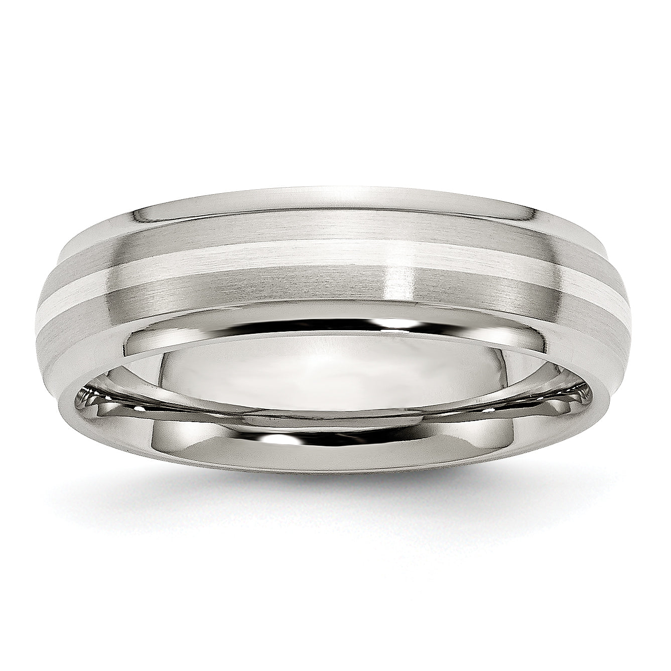 Stainless Steel Sterling Silver Inlay Ridged Edge Brushed and Polished Band Main image