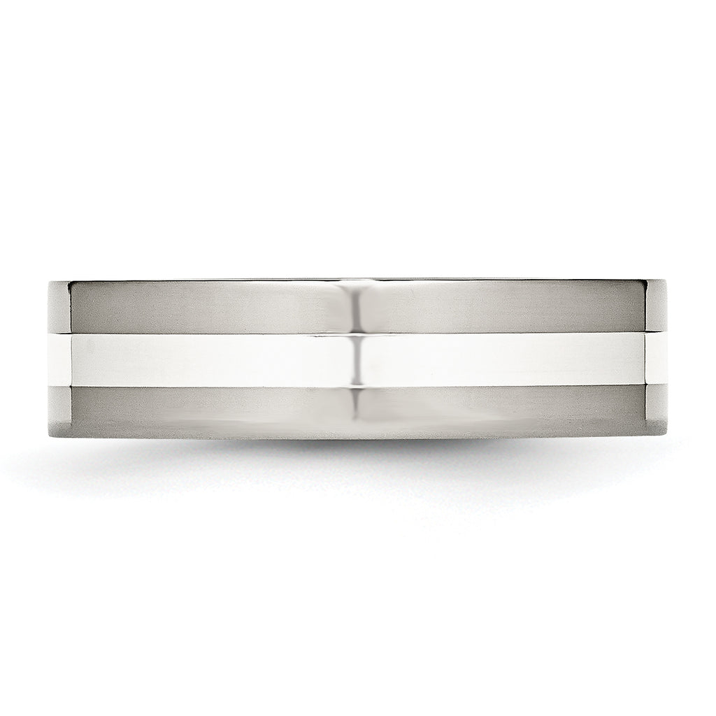 Stainless Steel WithSterling Silver Inlay Polished 6mm Flat Band