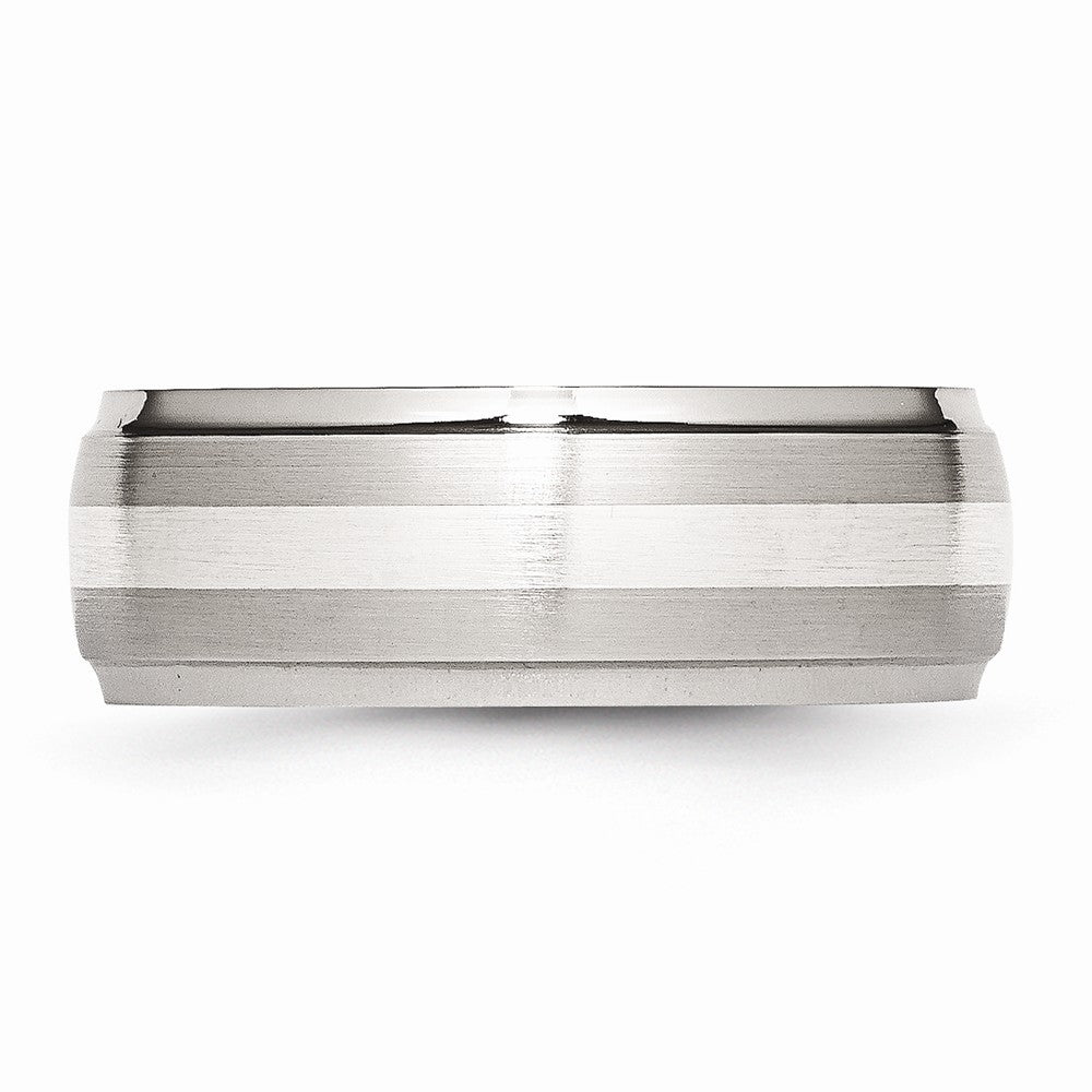 Stainless Steel Sterling Silver Inlay Ridged Edge Brushed and Polished Band