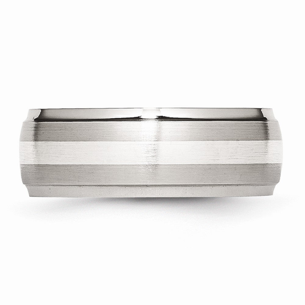 Stainless Steel Silver Inlay Wedding Band with Ridged Edge Engravable