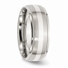 Stainless Steel Sterling Silver Inlay Ridged Edge Brushed and Polished Band