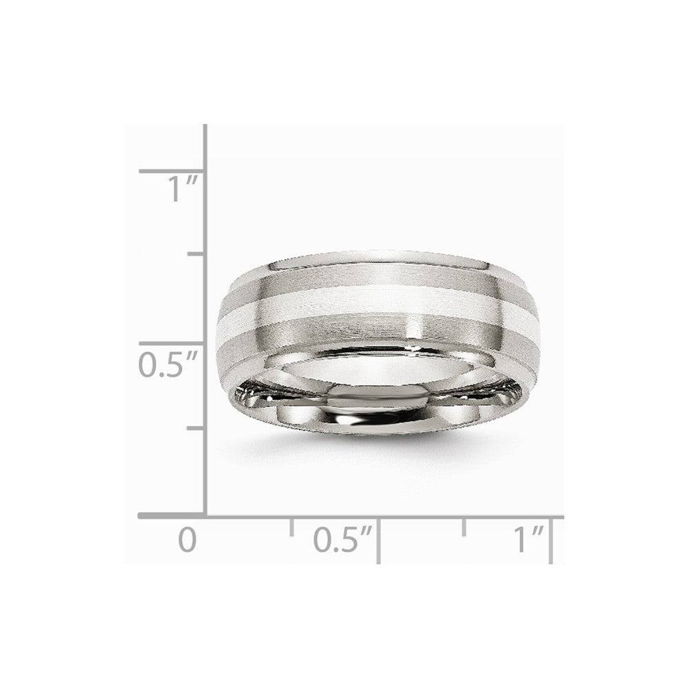 Stainless Steel Sterling Silver Inlay Ridged Edge Brushed and Polished Band