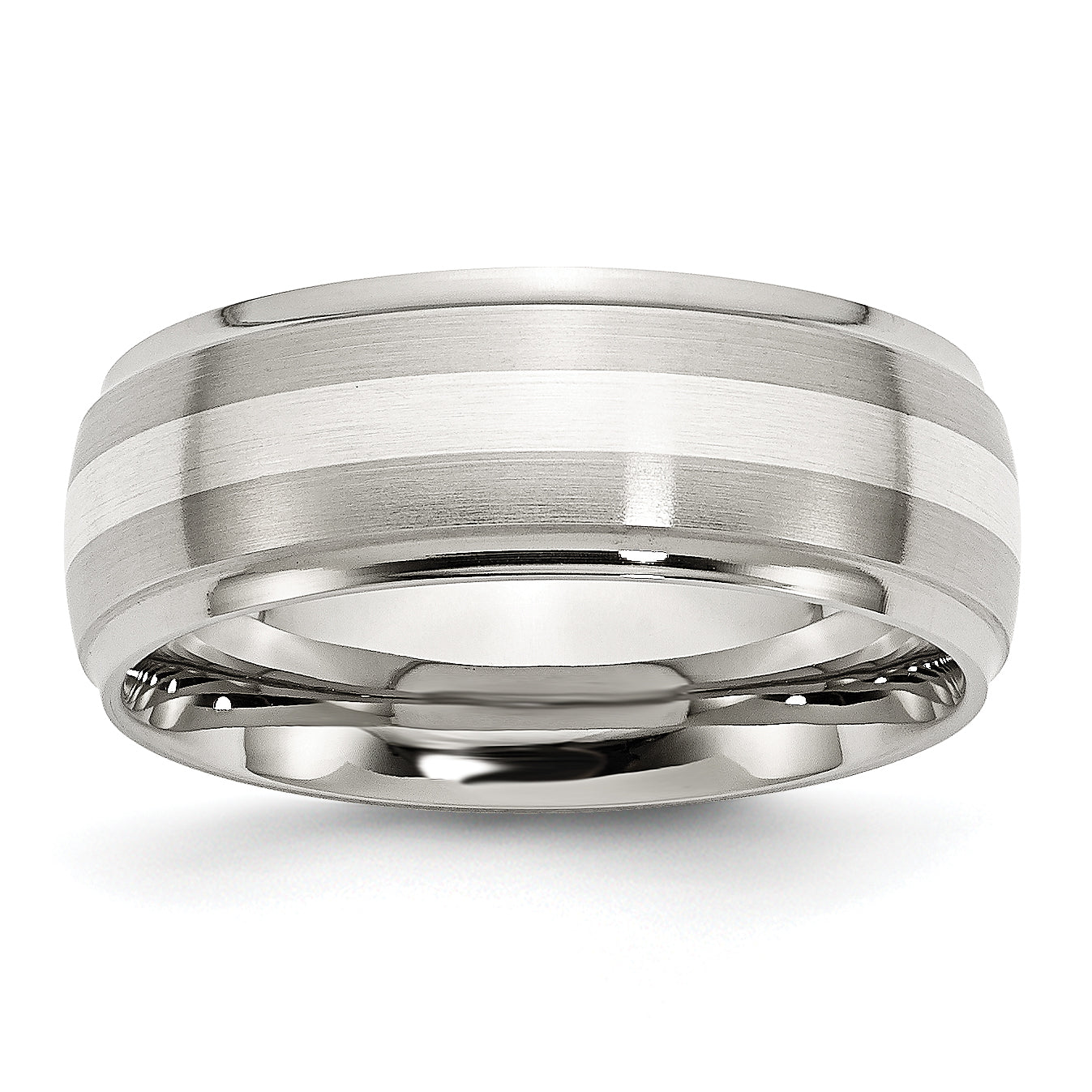 Stainless Steel Sterling Silver Inlay Brushed and Polished 8mm Ridged Edge Band Main image