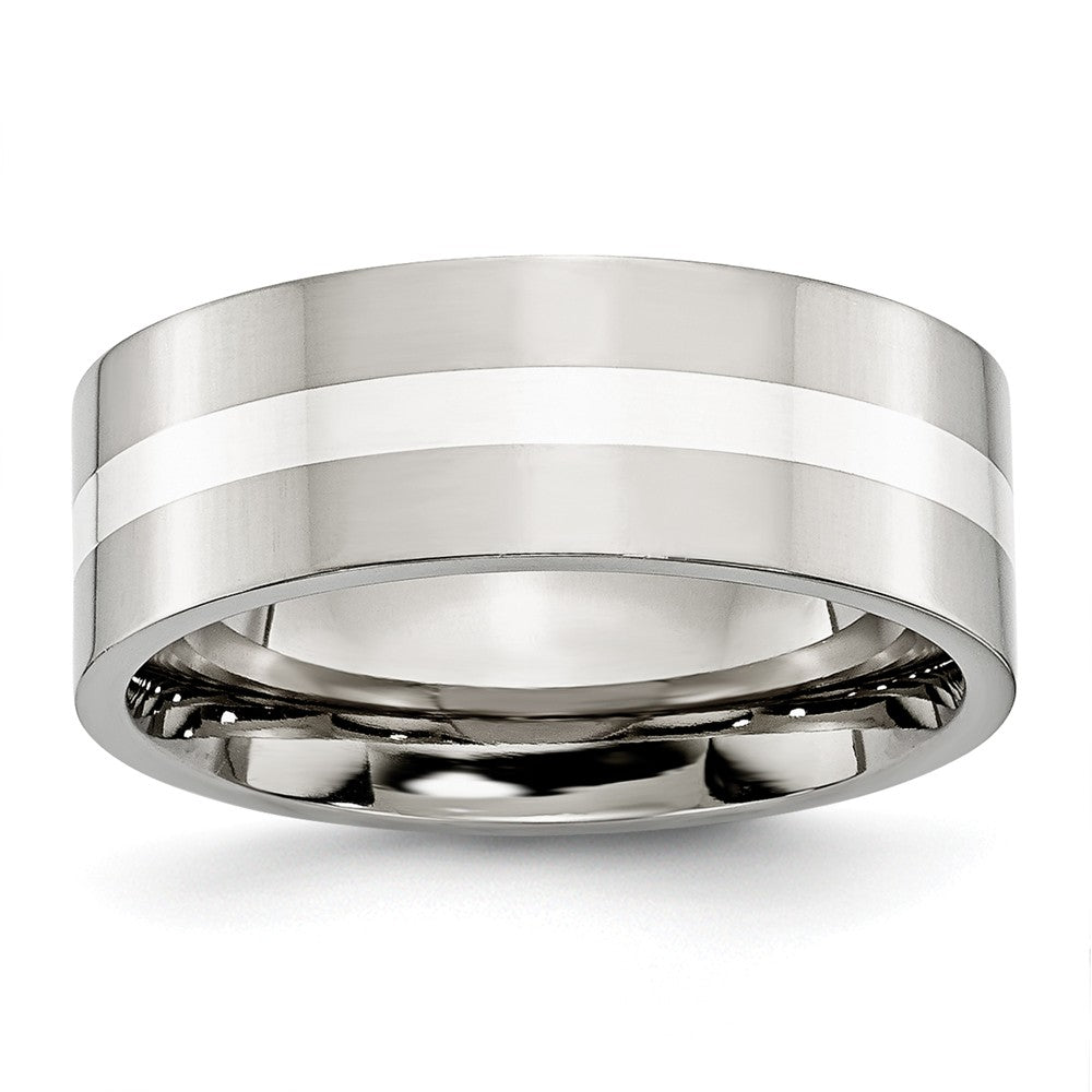 Sophia Jewelers Polished Stainless Steel Wedding Band with Sterling Silver Inlay