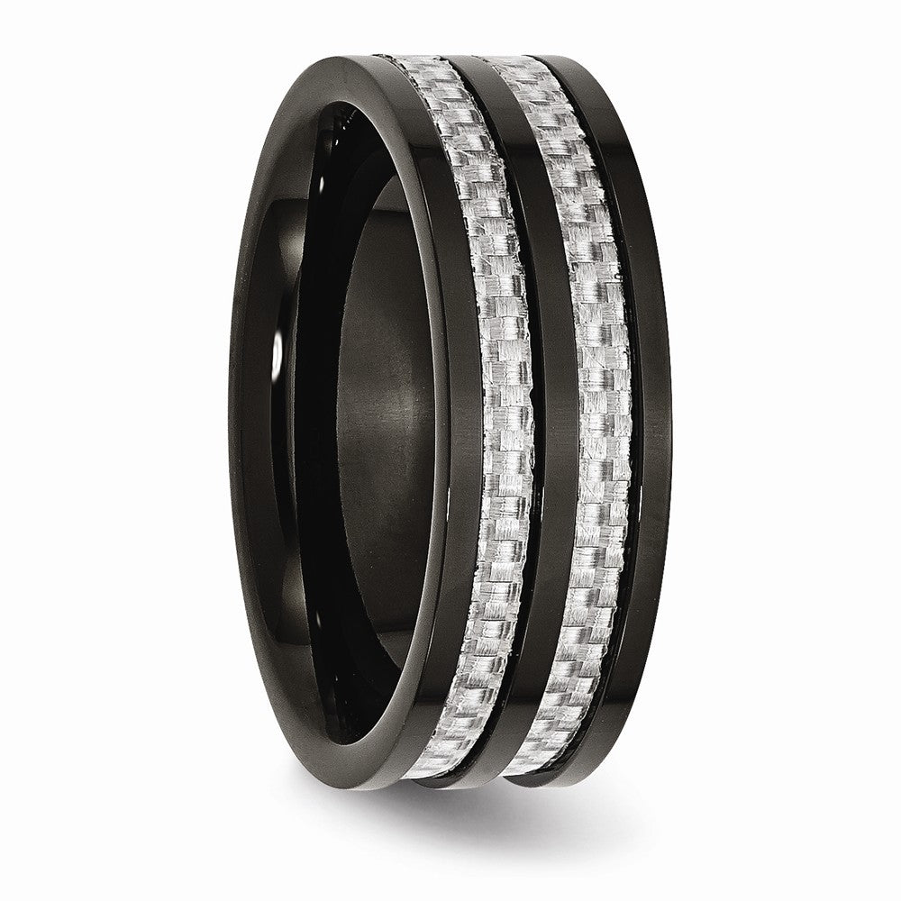 Stainless Steel Polished 8mm Black IP-plated Grey Carbon Fiber Inlay Band