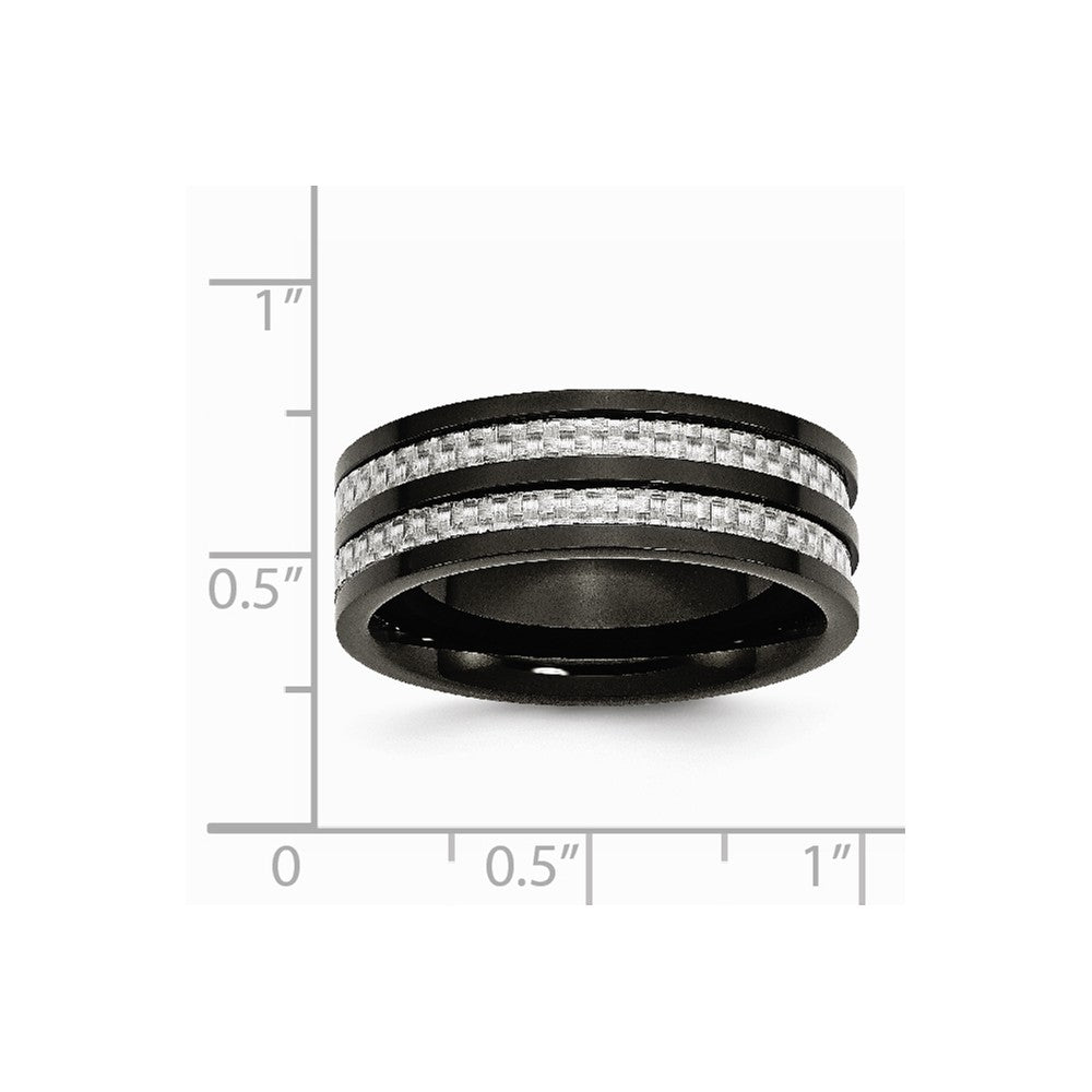 Stainless Steel Polished 8mm Black IP-plated Grey Carbon Fiber Inlay Band