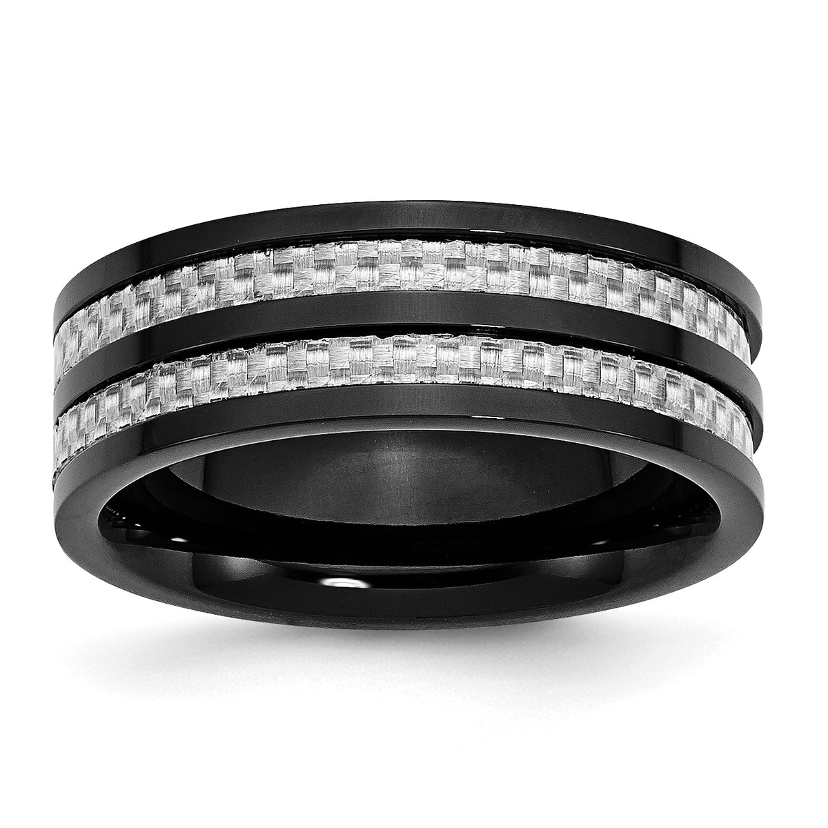 Stainless Steel Polished Black IP-plated with Grey Carbon Fiber Inlay 8mm Band