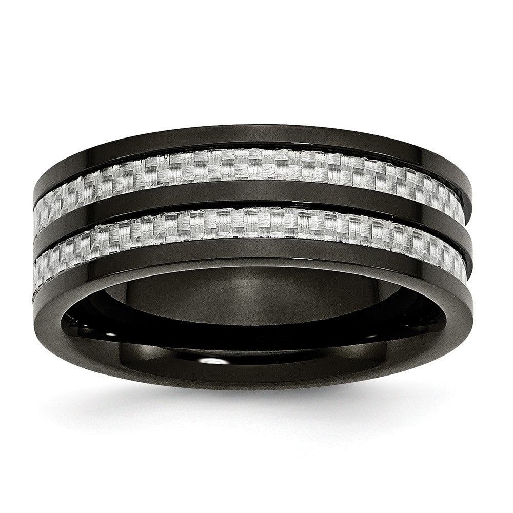 Stainless Steel Polished 8mm Black IP-plated Grey Carbon Fiber Inlay Band