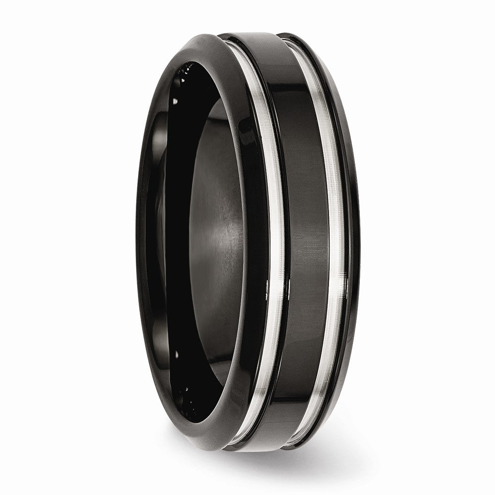 Stainless Steel Black Wedding Band with Grooved Polished Finish Engravable