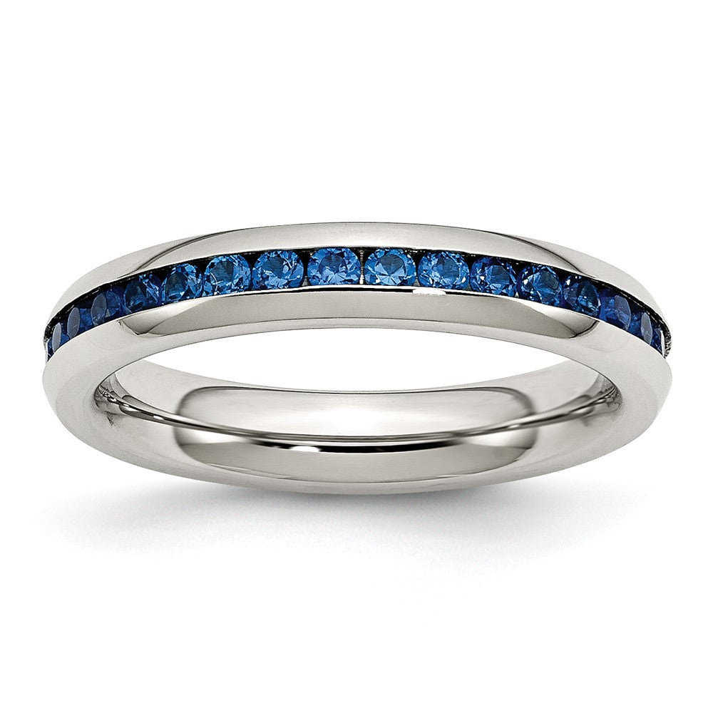 Stainless Steel September Blue CZ Ring, Polished Finish, 4mm Band by Sophia Jewelers Main image