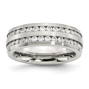 Stainless Steel Brushed with Double Row CZ 7mm Band - Sophia Jewelers
