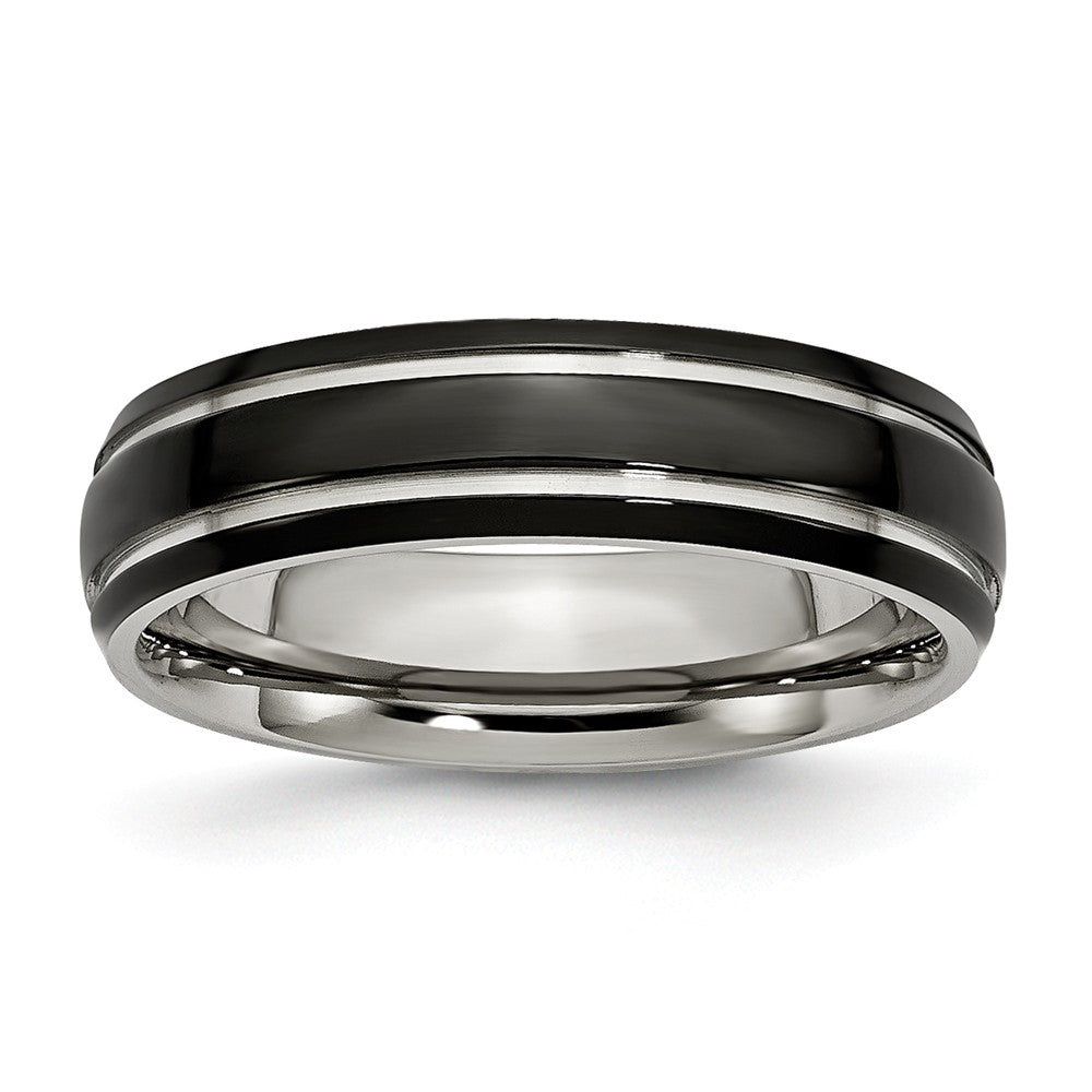 Black Grooved Comfort-Fit Wedding Band in Stainless Steel, 6mm