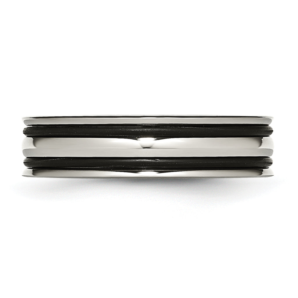 Grooved Wedding Band in Stainless Steel with Black Rubber, 6mm