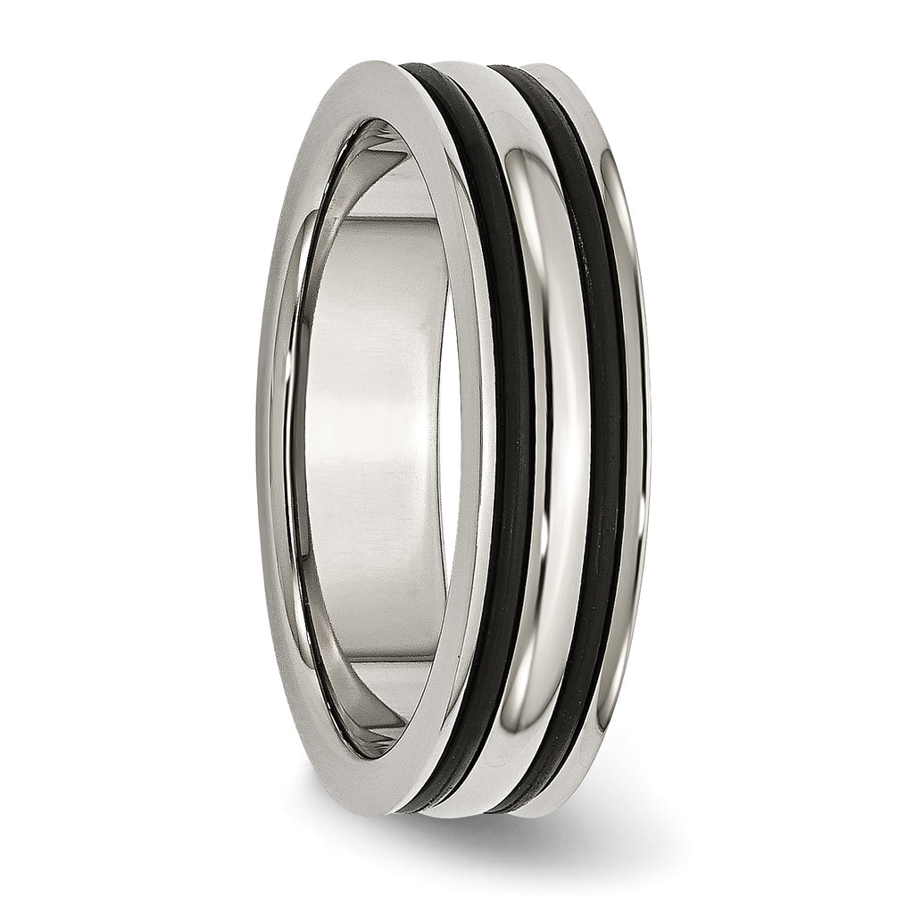 Grooved Wedding Band in Stainless Steel with Black Rubber, 6mm