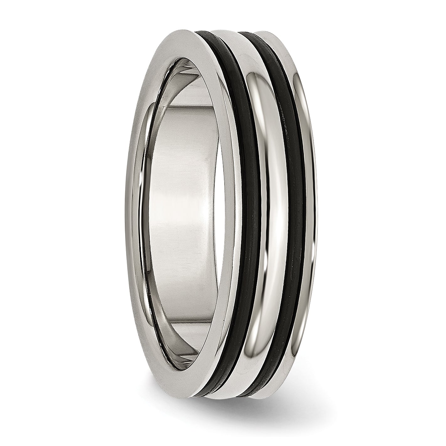 Grooved Wedding Band in Stainless Steel with Black Rubber, 6mm