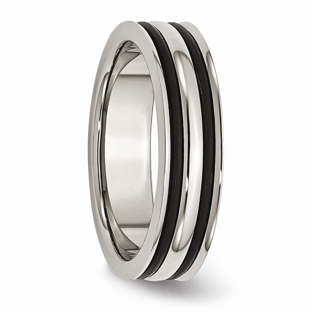 Grooved Wedding Band in Stainless Steel with Black Rubber, 6mm