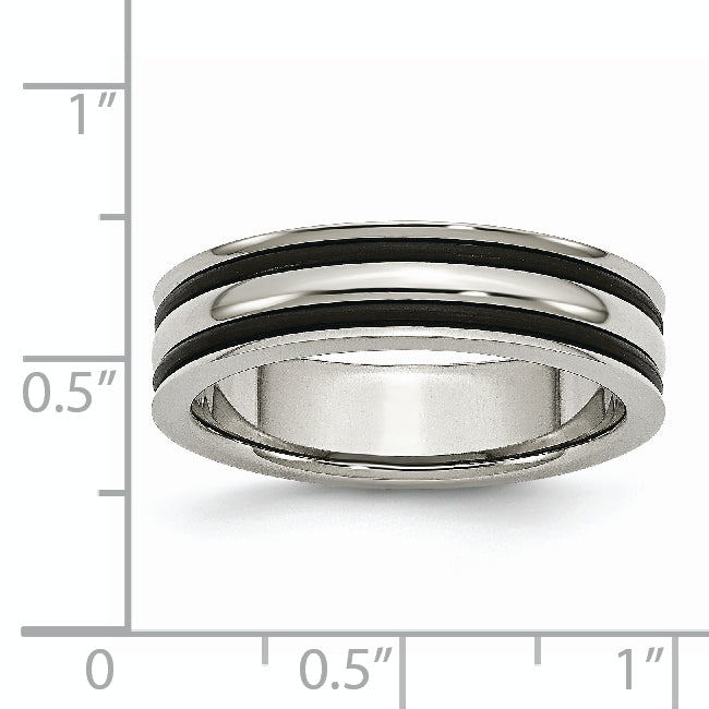 Grooved Wedding Band in Stainless Steel with Black Rubber, 6mm