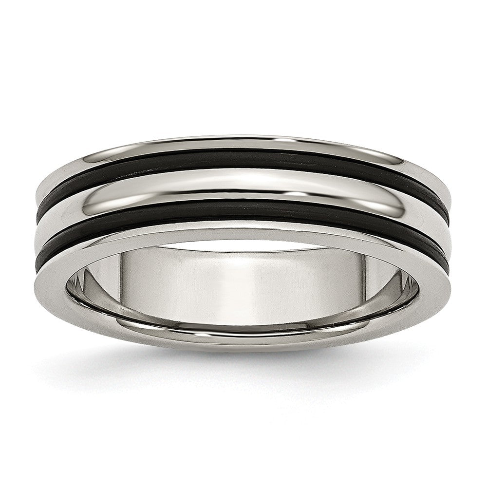 Grooved Wedding Band in Stainless Steel with Black Rubber, 6mm