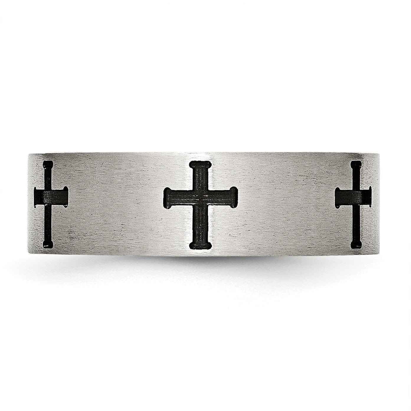 Stainless Steel Brushed and Polished Black IP-plated Crosses 7mm Band