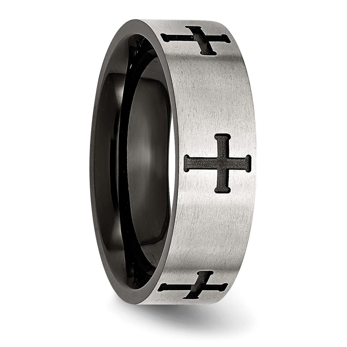 Stainless Steel Brushed and Polished Black IP-plated Crosses 7mm Band