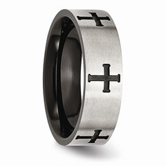 Stainless Steel 7mm Black IP-plated Crosses Brushed/Polished Band