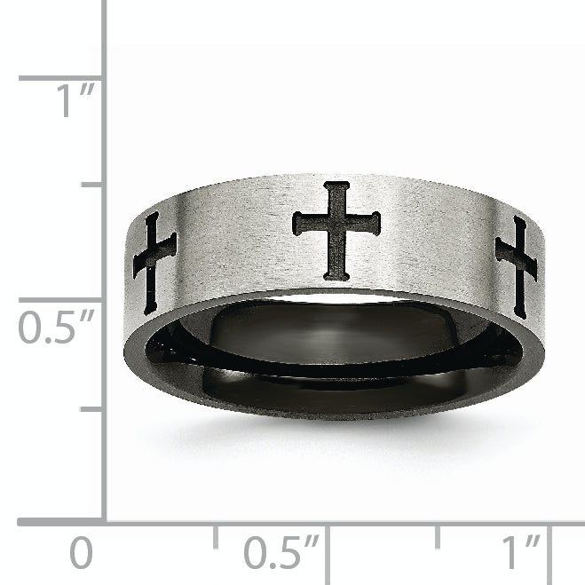 Stainless Steel Brushed and Polished Black IP-plated Crosses 7mm Band