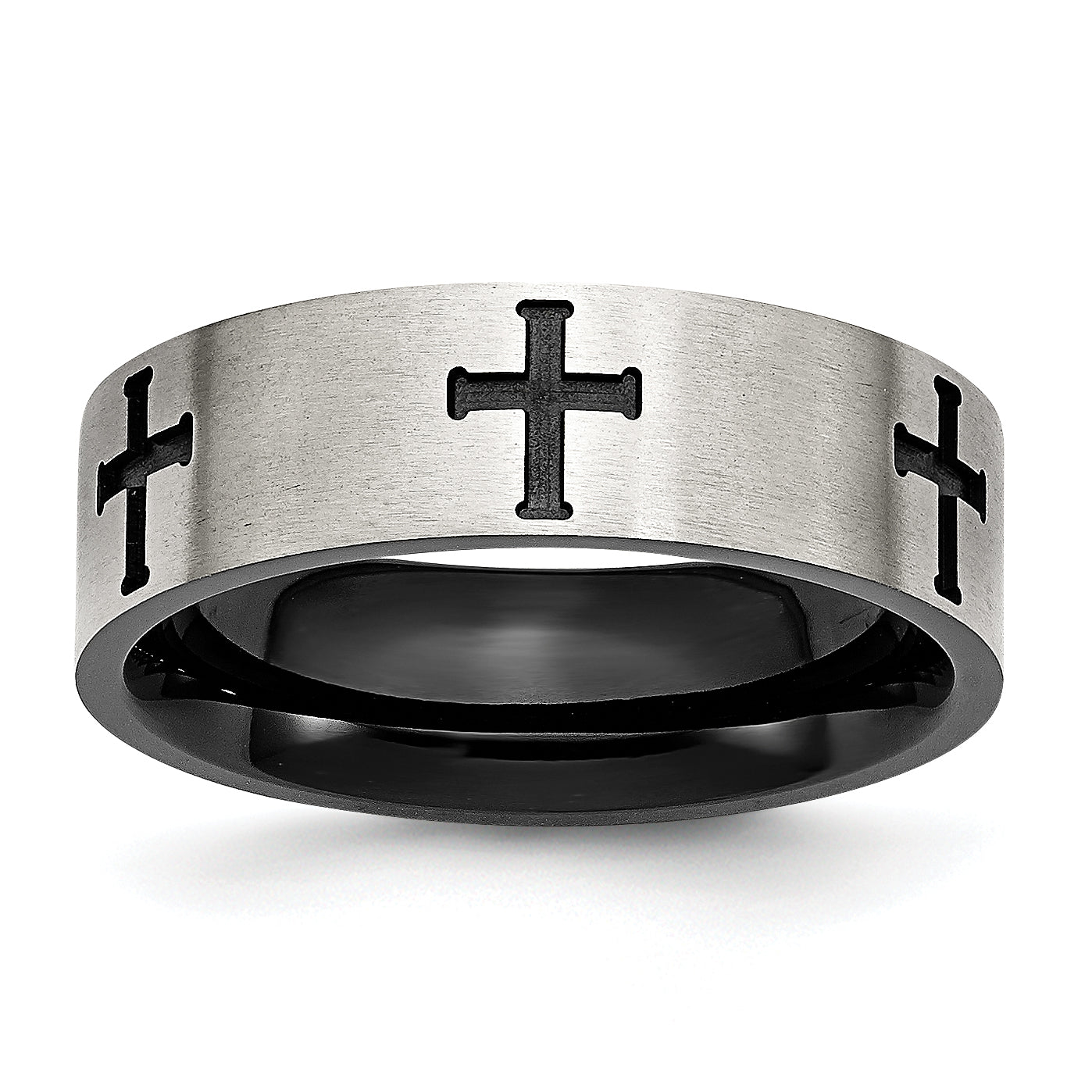 Stainless Steel Brushed and Polished Black IP-plated Crosses 7mm Band Main image