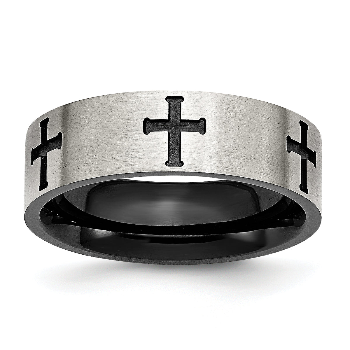 Stainless Steel Brushed and Polished Black IP-plated Crosses 7mm Band