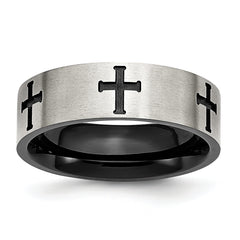 Stainless Steel Brushed and Polished Black IP-plated Crosses 7mm Band