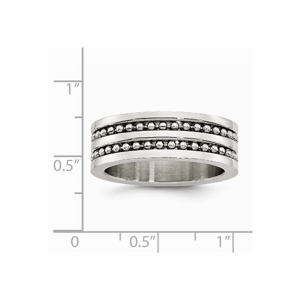 Stainless Steel 8mm Double Row Beaded Brushed & Polished Band