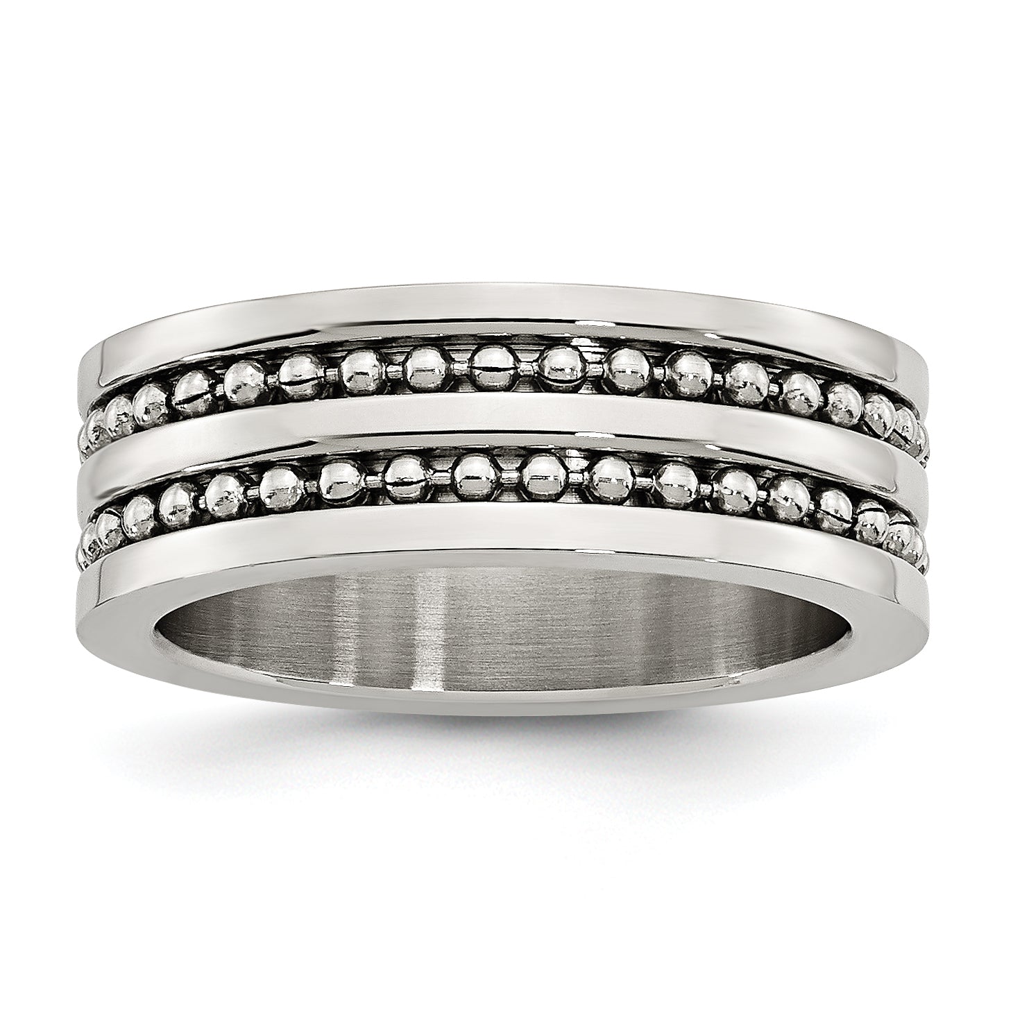 Stainless Steel Antiqued/Polished Double Row Beaded 8mm Band Main image