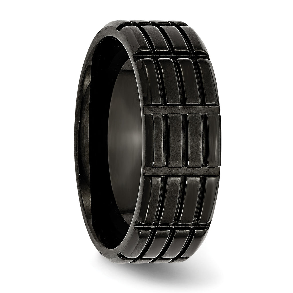 Black IP-Plated Grooved Wedding Band in Stainless Steel, 8mm