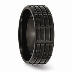 Stainless Steel 8mm Black IP-plated Grooved & Brushed Band