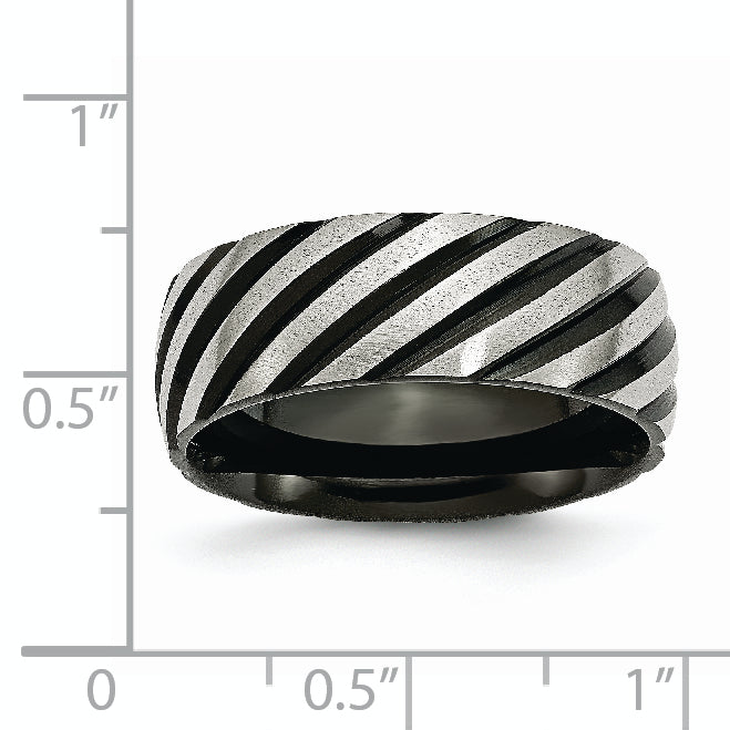 Stainless Steel 8mm Black IP-plated Swirl Brushed & Polished Band