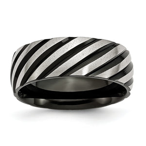 Stainless Steel 8mm Black IP-plated Swirl Brushed & Polished Band - Sophia Jewelers