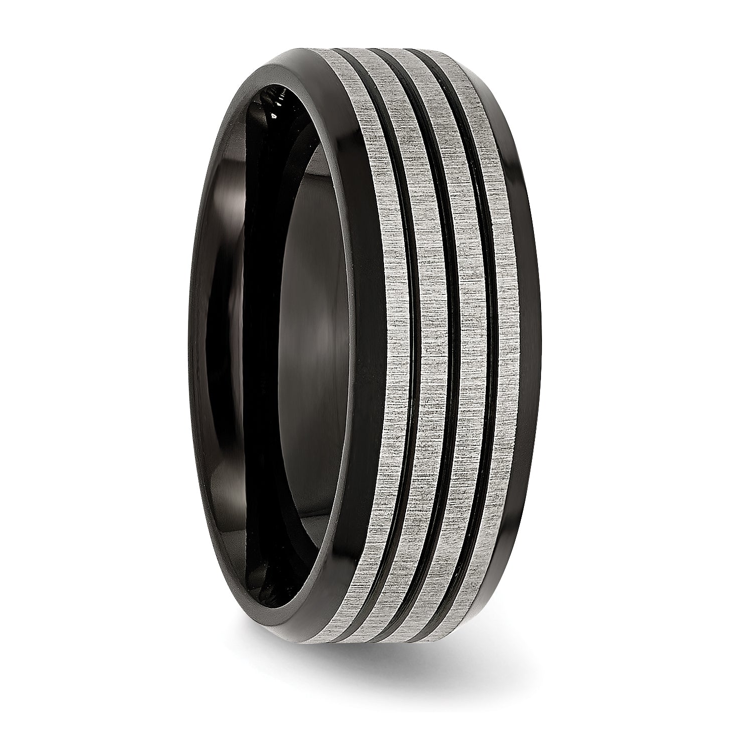 Stainless Steel Brushed and Polished Black IP-plated Striped 8mm Band