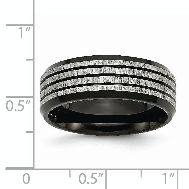 Stainless Steel Brushed and Polished Black IP-plated Striped 8mm Band