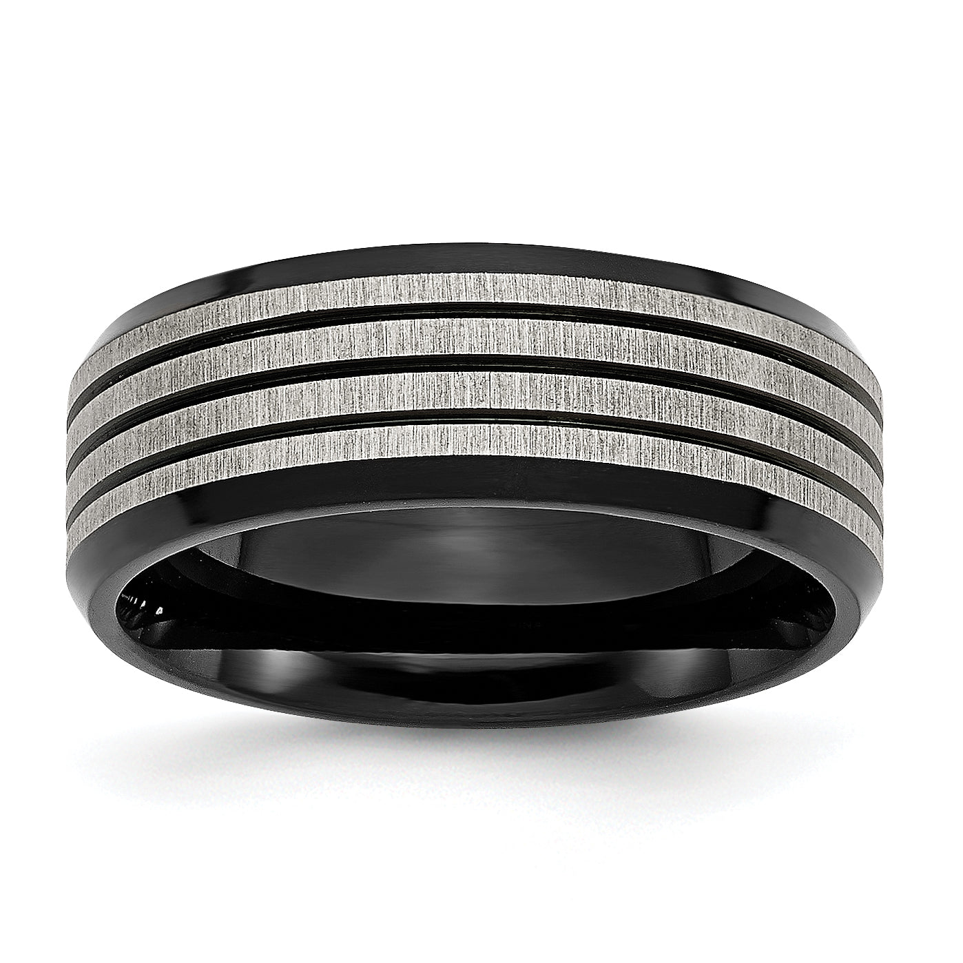 Stainless Steel Brushed and Polished Black IP-plated Striped 8mm Band