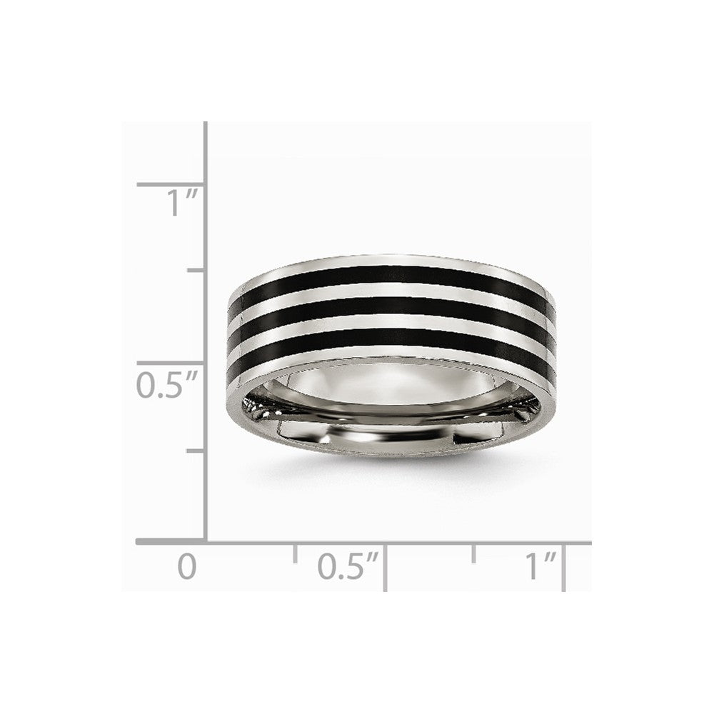 Stainless Steel 8mm Black IP-plated Striped Polished Band