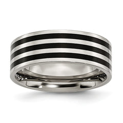 Stainless Steel 8mm Black IP-plated Striped Polished Band