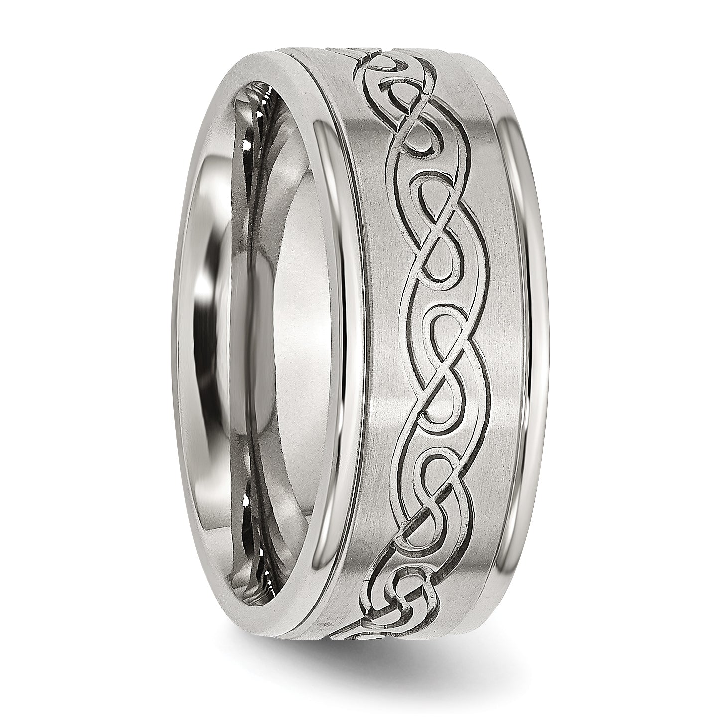 Stainless Steel Brushed and Polished Scroll Design 9mm Ridged Edge Band